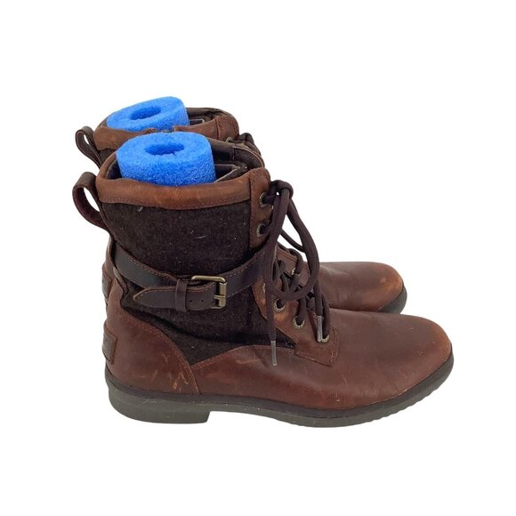 Ugg Womens Brown Leather & Wool Lace-Up Boots Size 8.5 With Side Zipper - Picture 1 of 9